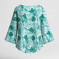 Anthurium Pikake Ti Leaf Palaka Kimono Sleeve Blouse Turquoise Version LT01 - Polynesian Pride