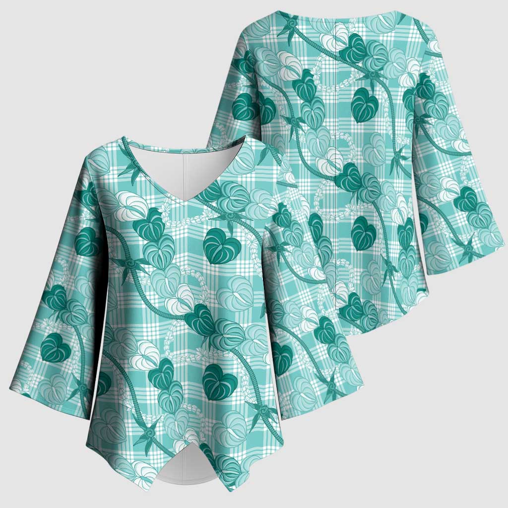 Anthurium Pikake Ti Leaf Palaka Kimono Sleeve Blouse Turquoise Version LT01 - Polynesian Pride