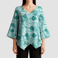 Anthurium Pikake Ti Leaf Palaka Kimono Sleeve Blouse Turquoise Version LT01 - Polynesian Pride