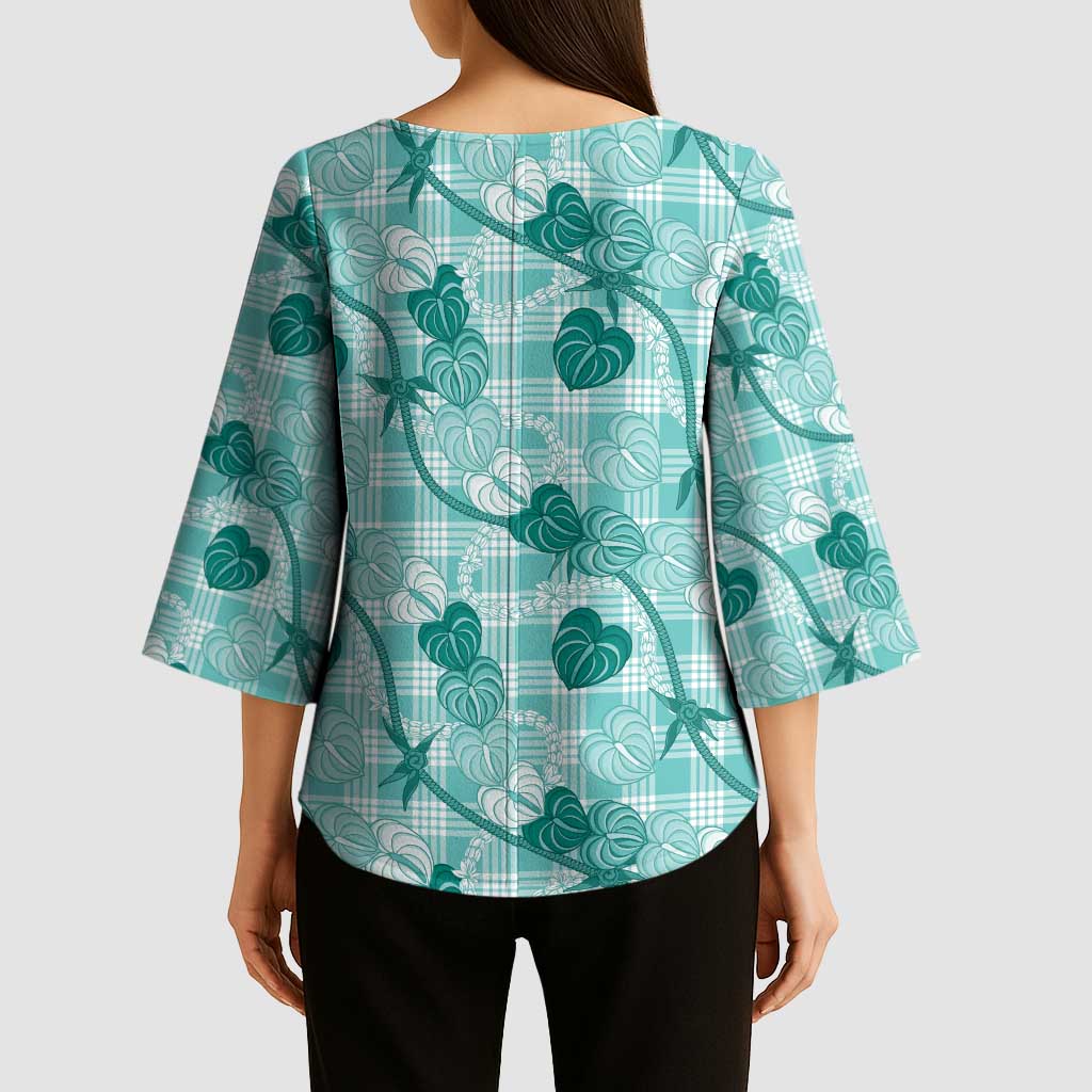 Anthurium Pikake Ti Leaf Palaka Kimono Sleeve Blouse Turquoise Version LT01 - Polynesian Pride