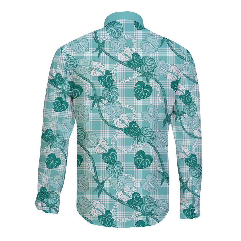 Anthurium Pikake Ti Leaf Palaka Long Sleeve Button Shirt Turquoise Version LT01 - Polynesian Pride