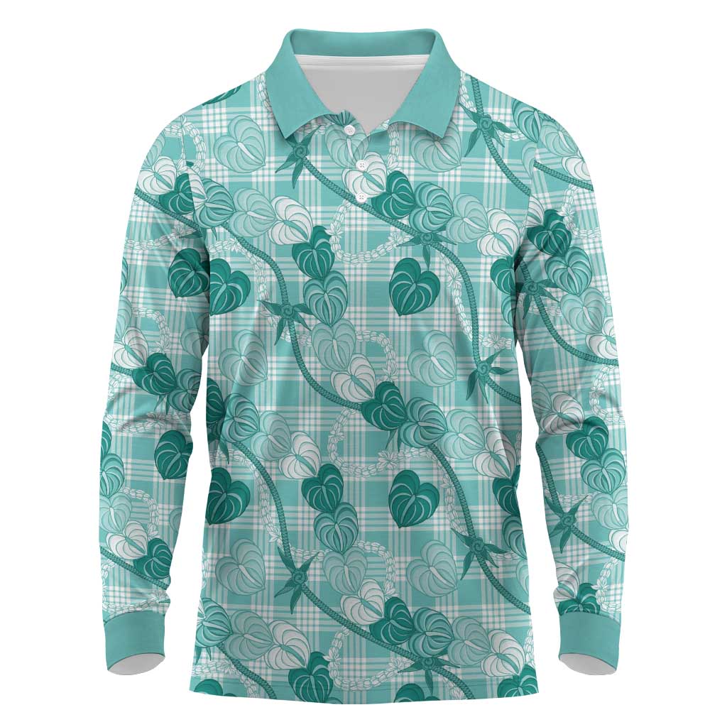 Anthurium Pikake Ti Leaf Palaka Long Sleeve Polo Shirt Turquoise Version