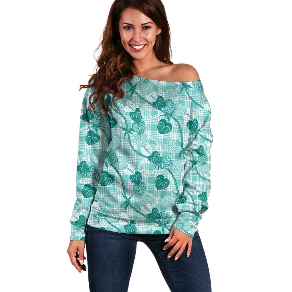 Anthurium Pikake Ti Leaf Palaka Off Shoulder Sweater Turquoise Version LT01 Women Turquoise - Polynesian Pride