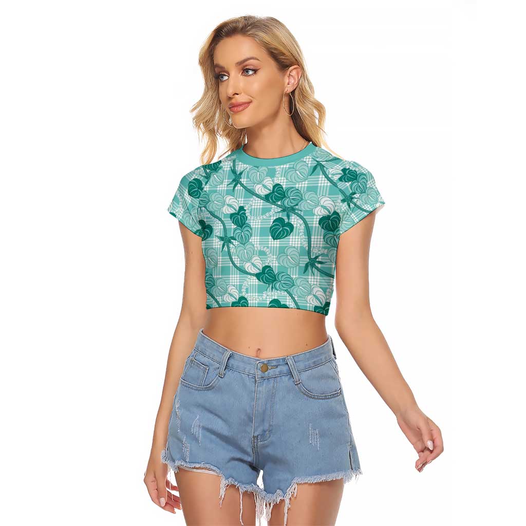 Anthurium Pikake Ti Leaf Palaka Raglan Cropped T Shirt Turquoise Version