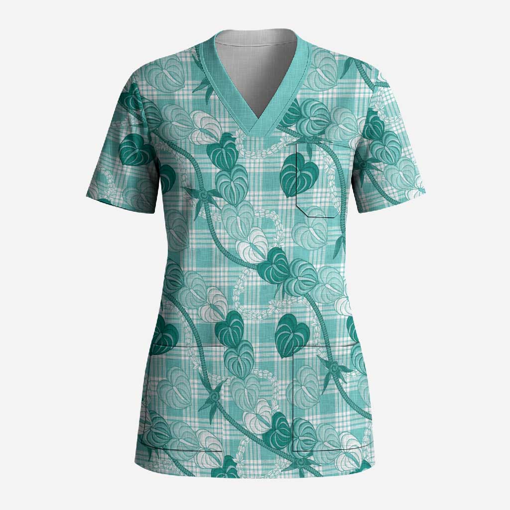 Anthurium Pikake Ti Leaf Palaka Scrub Top Turquoise Version LT01 Adult Turquoise - Polynesian Pride