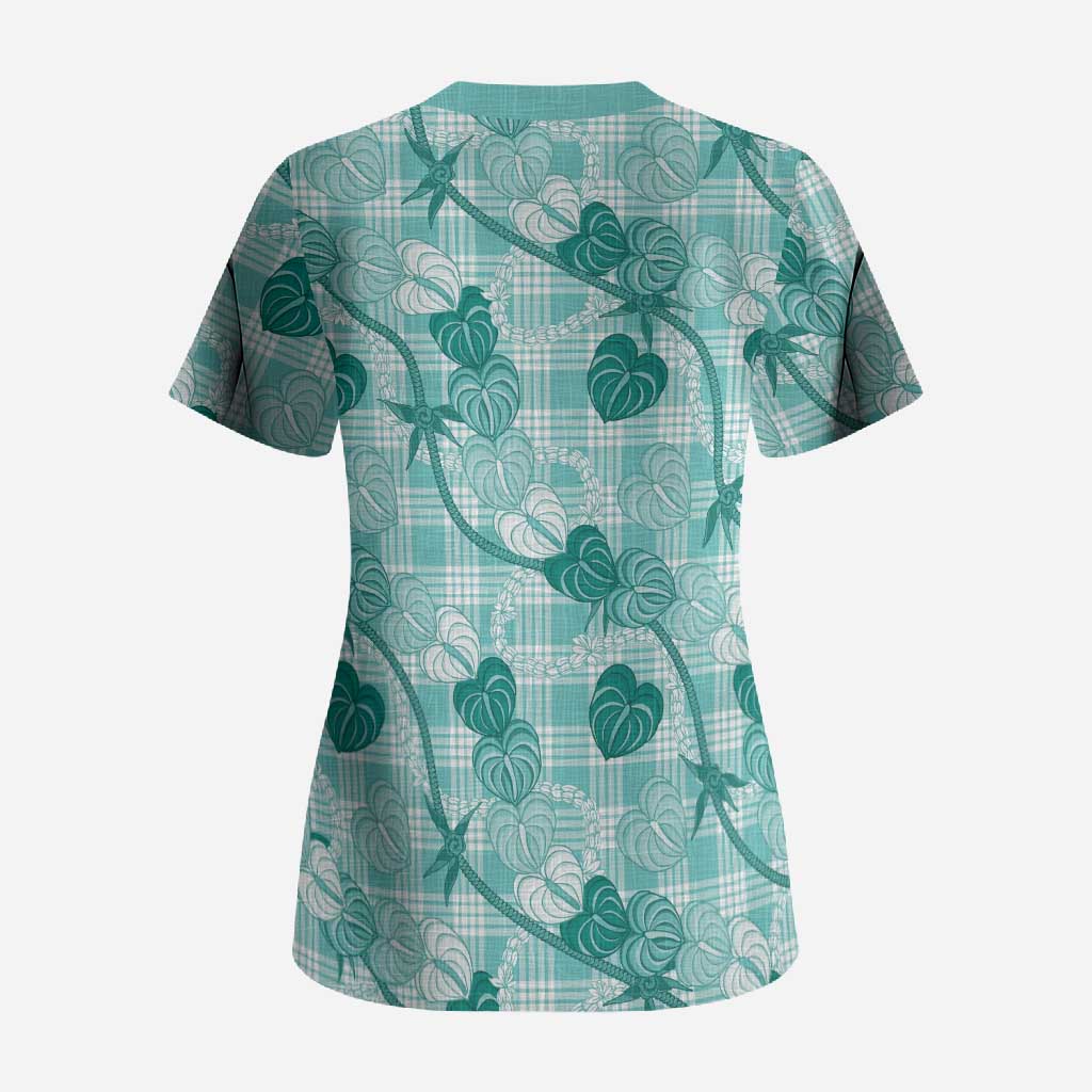 Anthurium Pikake Ti Leaf Palaka Scrub Top Turquoise Version LT01 - Polynesian Pride