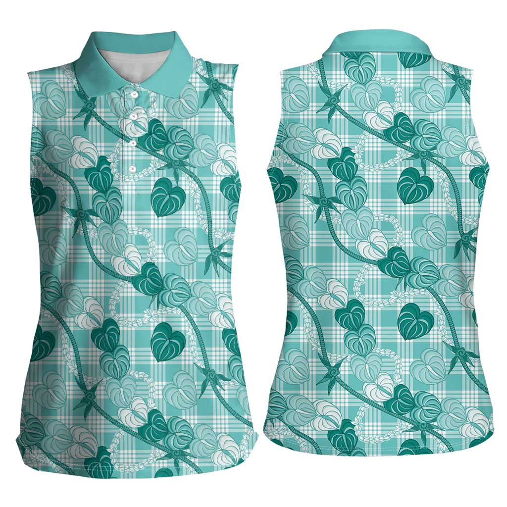 Anthurium Pikake Ti Leaf Palaka Women Sleeveless Polo Shirt Turquoise Version