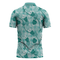 Anthurium Pikake Ti Leaf Palaka Zipper Polo Shirt Turquoise Version LT01 - Polynesian Pride