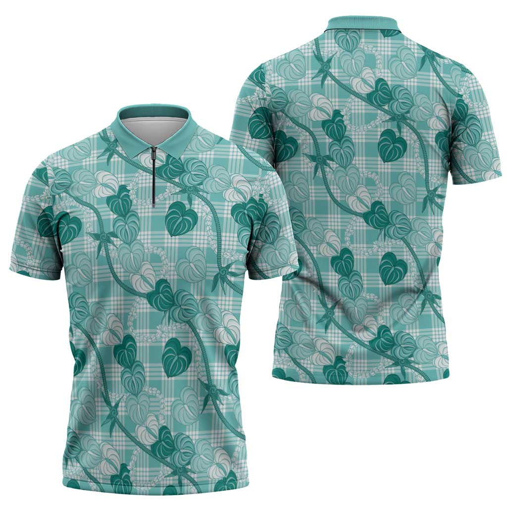 Anthurium Pikake Ti Leaf Palaka Zipper Polo Shirt Turquoise Version LT01 - Polynesian Pride