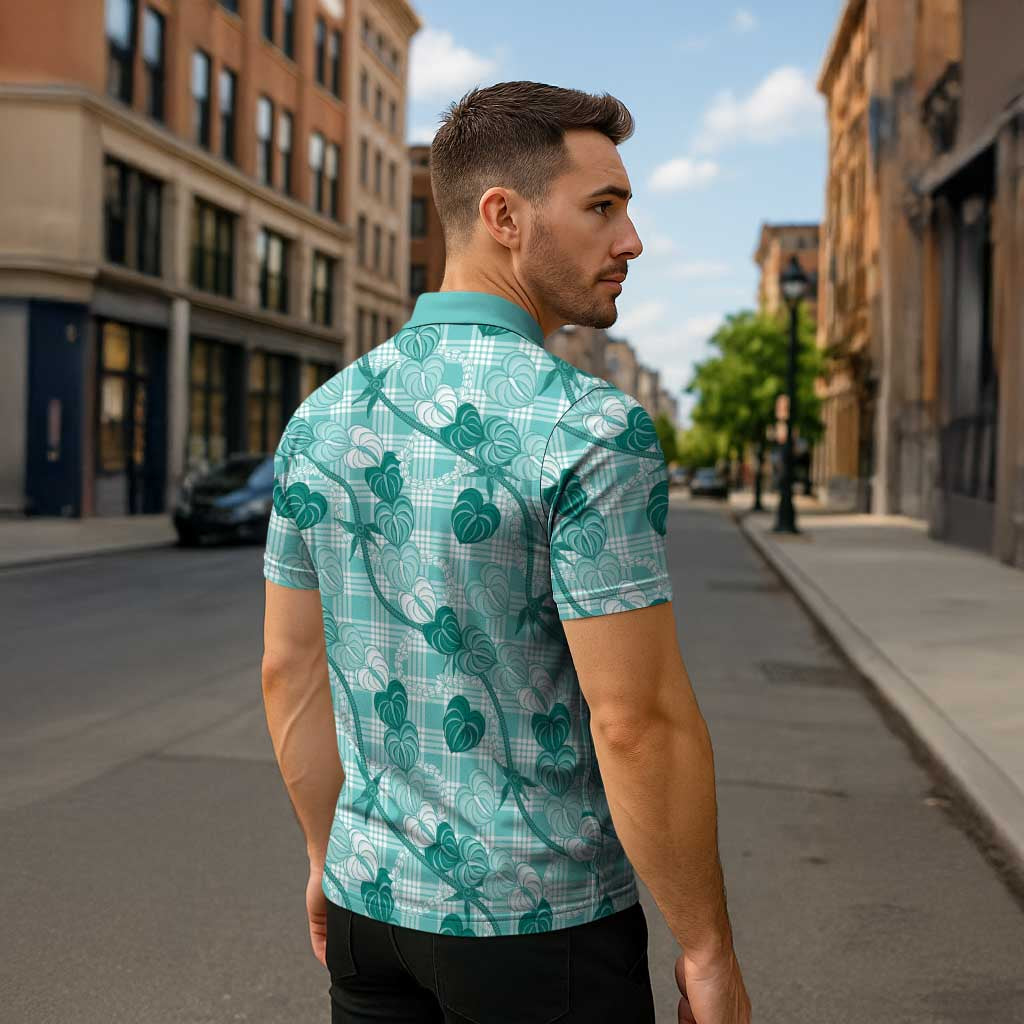 Anthurium Pikake Ti Leaf Palaka Zipper Polo Shirt Turquoise Version LT01 - Polynesian Pride