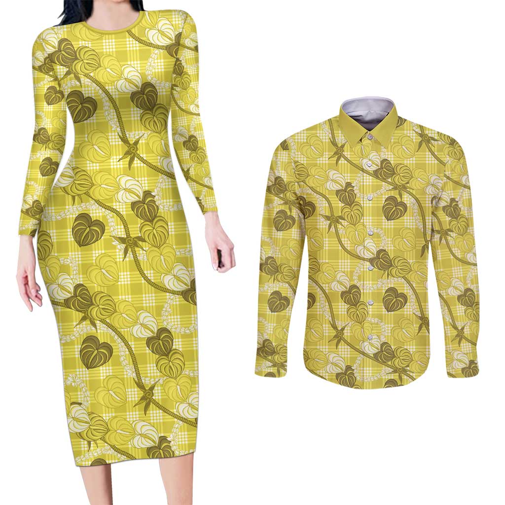 Anthurium Pikake Ti Leaf Palaka Couples Matching Long Sleeve Bodycon Dress and Long Sleeve Button Shirt Yellow Version LT01 Yellow - Polynesian Pride