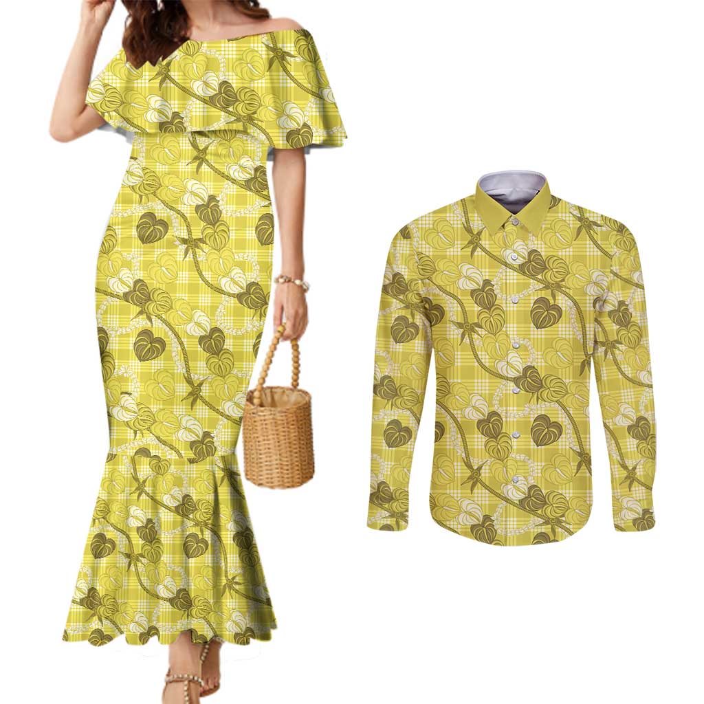Anthurium Pikake Ti Leaf Palaka Couples Matching Mermaid Dress and Long Sleeve Button Shirt Yellow Version LT01 Yellow - Polynesian Pride