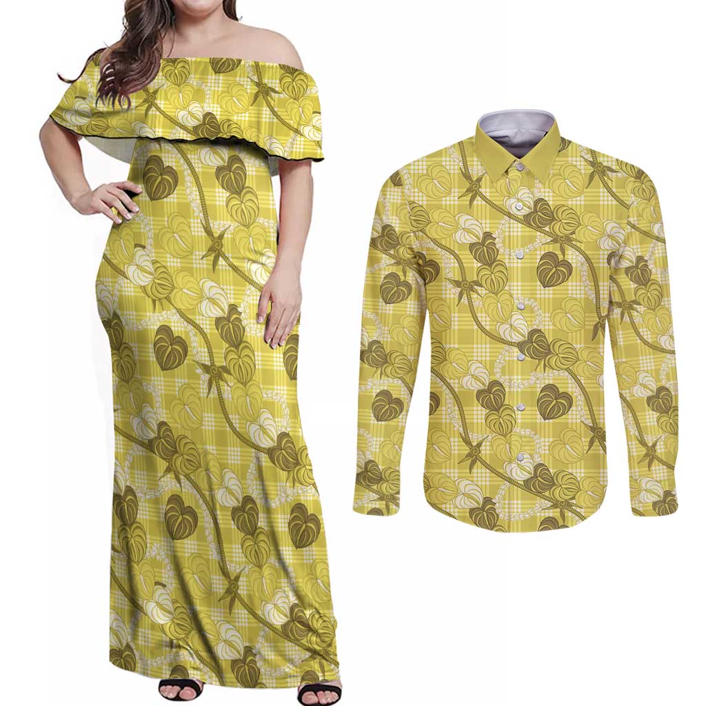 Anthurium Pikake Ti Leaf Palaka Couples Matching Off Shoulder Maxi Dress and Long Sleeve Button Shirt Yellow Version LT01 Yellow - Polynesian Pride