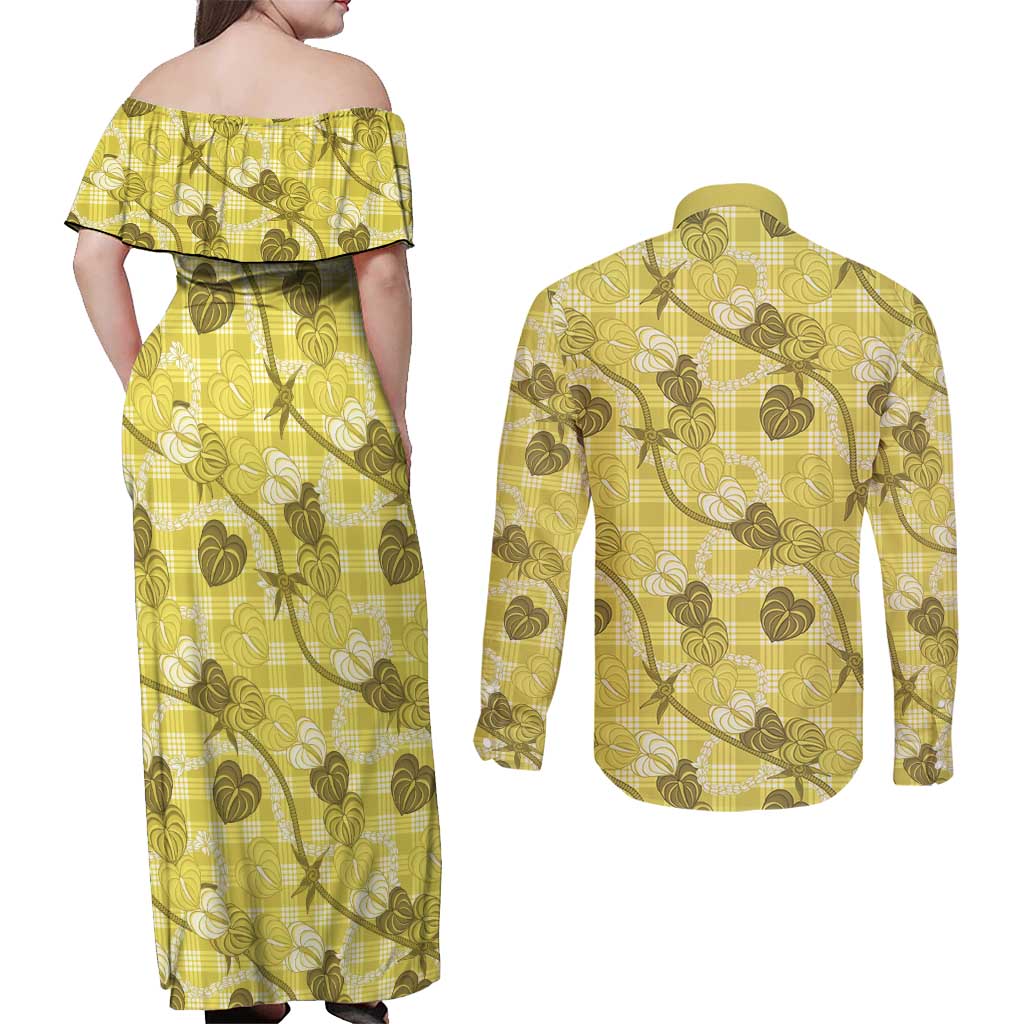 Anthurium Pikake Ti Leaf Palaka Couples Matching Off Shoulder Maxi Dress and Long Sleeve Button Shirt Yellow Version LT01 - Polynesian Pride