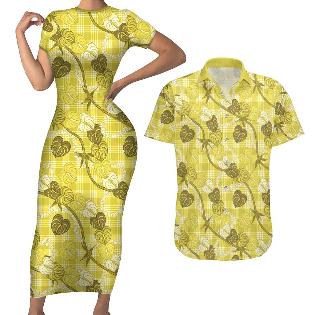 Anthurium Pikake Ti Leaf Palaka Couples Matching Short Sleeve Bodycon Dress and Hawaiian Shirt Yellow Version LT01 Yellow - Polynesian Pride