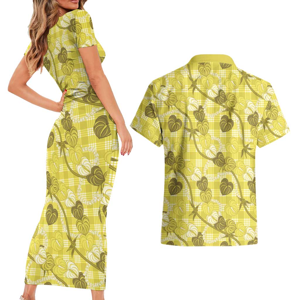 Anthurium Pikake Ti Leaf Palaka Couples Matching Short Sleeve Bodycon Dress and Hawaiian Shirt Yellow Version LT01 - Polynesian Pride