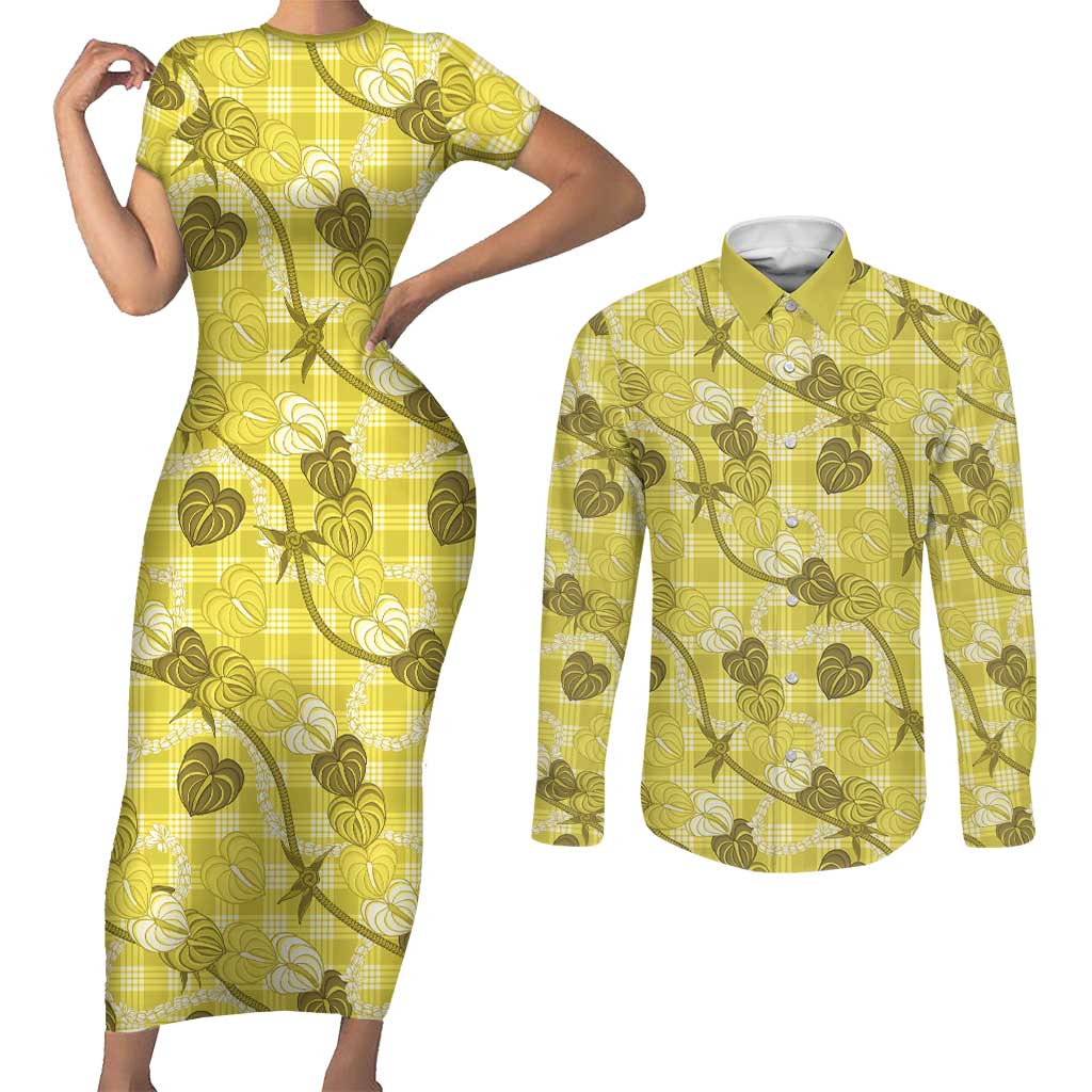 Anthurium Pikake Ti Leaf Palaka Couples Matching Short Sleeve Bodycon Dress and Long Sleeve Button Shirt Yellow Version LT01 Yellow - Polynesian Pride