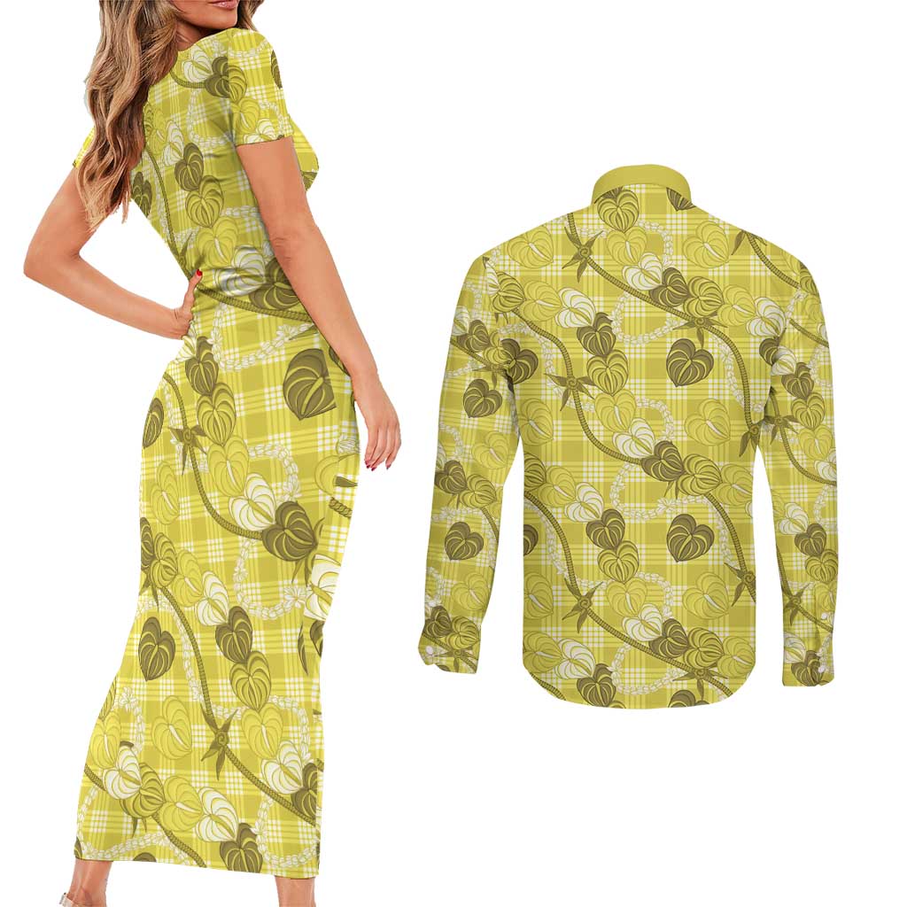 Anthurium Pikake Ti Leaf Palaka Couples Matching Short Sleeve Bodycon Dress and Long Sleeve Button Shirt Yellow Version LT01 - Polynesian Pride