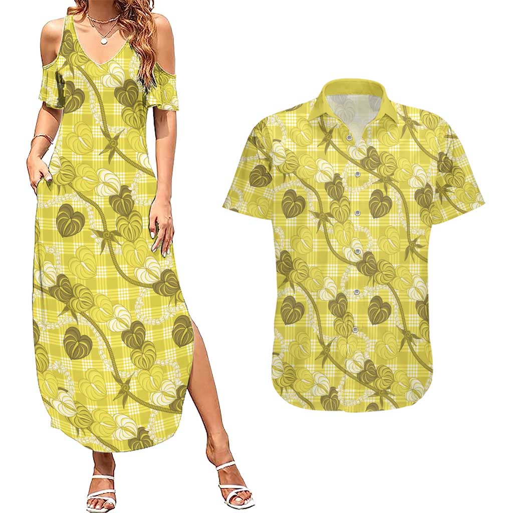 Anthurium Pikake Ti Leaf Palaka Couples Matching Summer Maxi Dress and Hawaiian Shirt Yellow Version