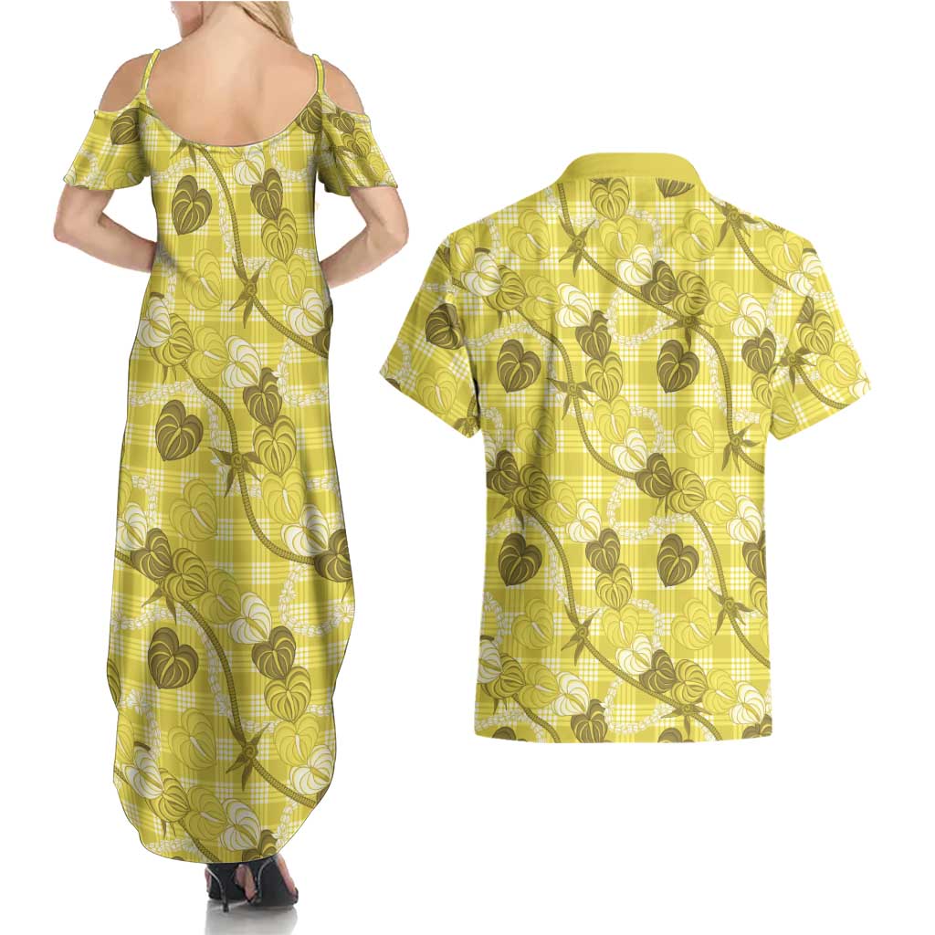 Anthurium Pikake Ti Leaf Palaka Couples Matching Summer Maxi Dress and Hawaiian Shirt Yellow Version