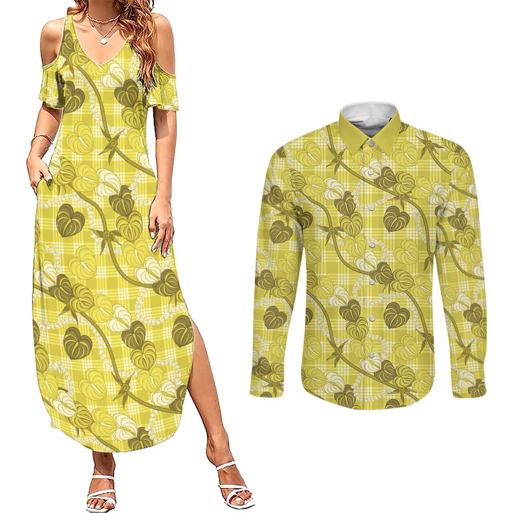 Anthurium Pikake Ti Leaf Palaka Couples Matching Summer Maxi Dress and Long Sleeve Button Shirt Yellow Version LT01 Yellow - Polynesian Pride