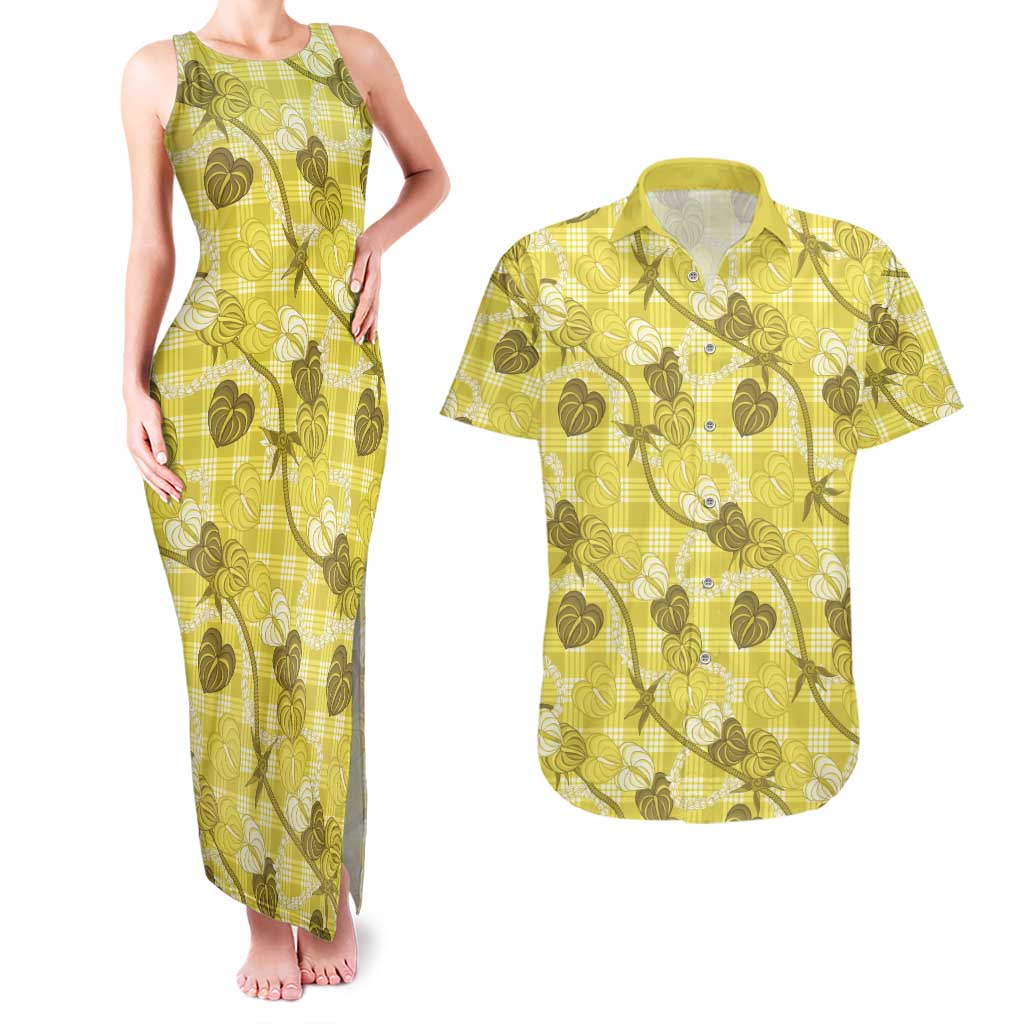 Anthurium Pikake Ti Leaf Palaka Couples Matching Tank Maxi Dress and Hawaiian Shirt Yellow Version LT01 Yellow - Polynesian Pride