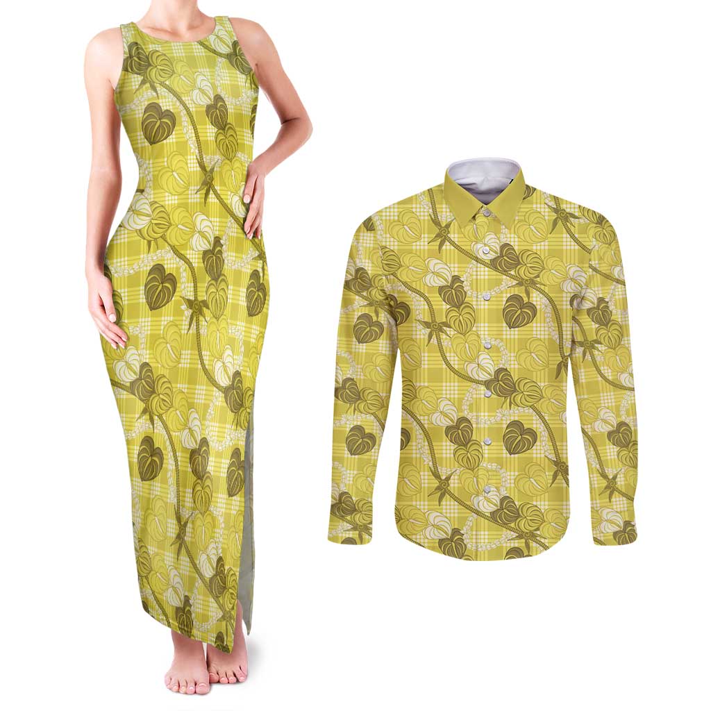 Anthurium Pikake Ti Leaf Palaka Couples Matching Tank Maxi Dress and Long Sleeve Button Shirt Yellow Version LT01 Yellow - Polynesian Pride