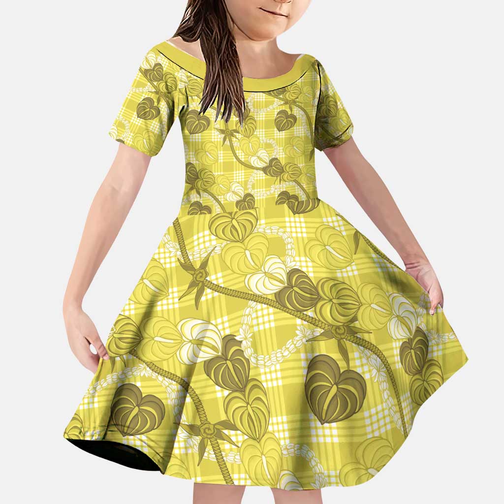 Anthurium Pikake Ti Leaf Palaka Family Matching Off The Shoulder Long Sleeve Dress and Hawaiian Shirt Yellow Version