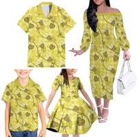 Anthurium Pikake Ti Leaf Palaka Family Matching Off The Shoulder Long Sleeve Dress and Hawaiian Shirt Yellow Version