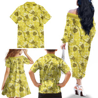 Anthurium Pikake Ti Leaf Palaka Family Matching Off The Shoulder Long Sleeve Dress and Hawaiian Shirt Yellow Version