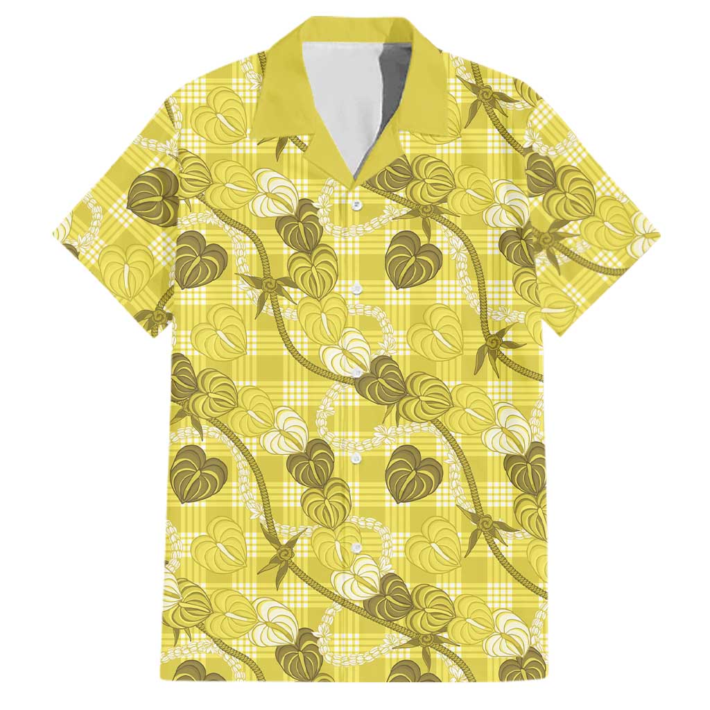 Anthurium Pikake Ti Leaf Palaka Family Matching Off The Shoulder Long Sleeve Dress and Hawaiian Shirt Yellow Version