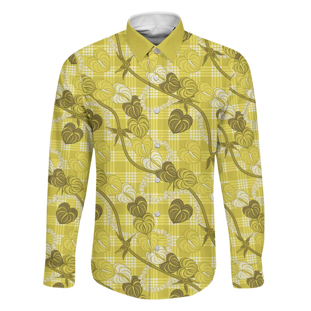 Anthurium Pikake Ti Leaf Palaka Family Matching Off The Shoulder Long Sleeve Dress and Hawaiian Shirt Yellow Version