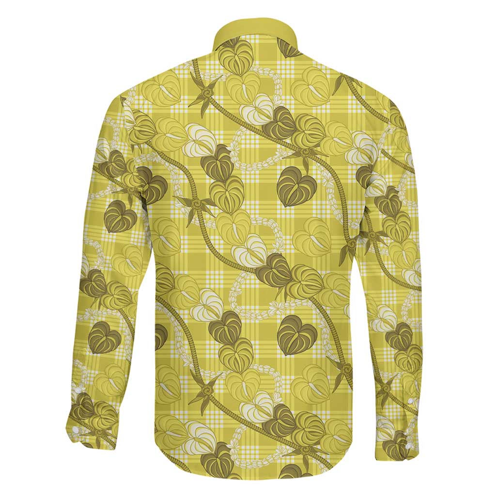Anthurium Pikake Ti Leaf Palaka Family Matching Off The Shoulder Long Sleeve Dress and Hawaiian Shirt Yellow Version
