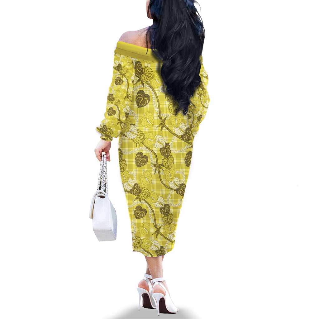 Anthurium Pikake Ti Leaf Palaka Family Matching Off The Shoulder Long Sleeve Dress and Hawaiian Shirt Yellow Version