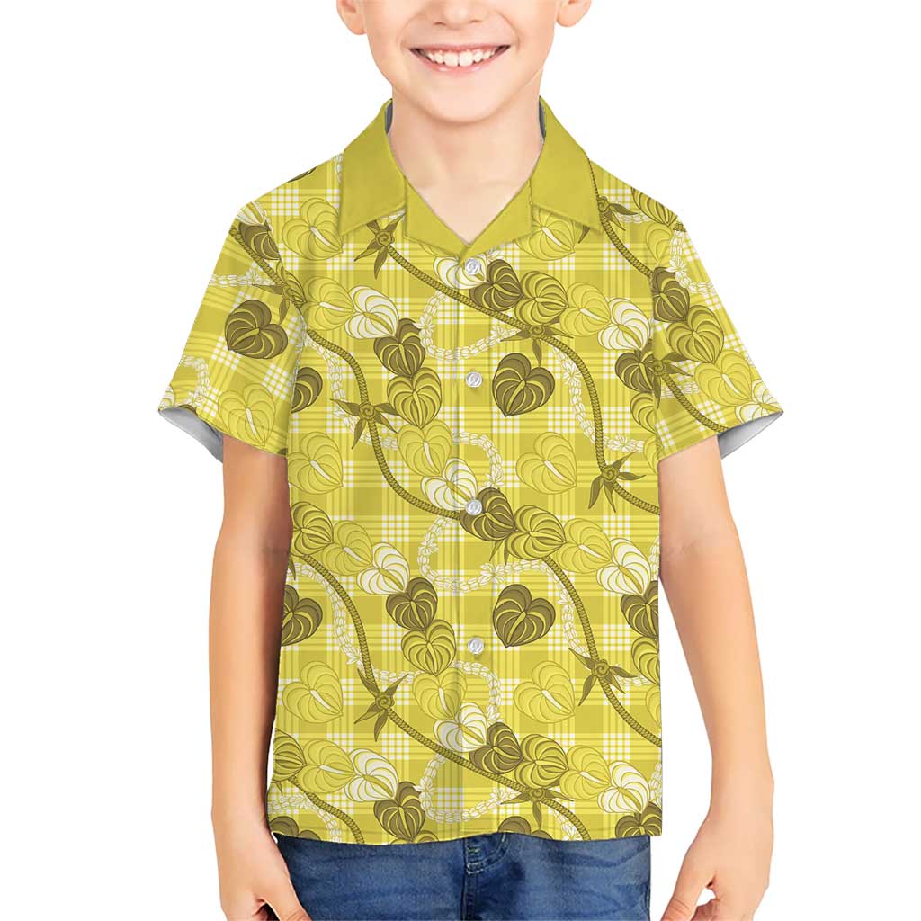 Anthurium Pikake Ti Leaf Palaka Family Matching Off The Shoulder Long Sleeve Dress and Hawaiian Shirt Yellow Version