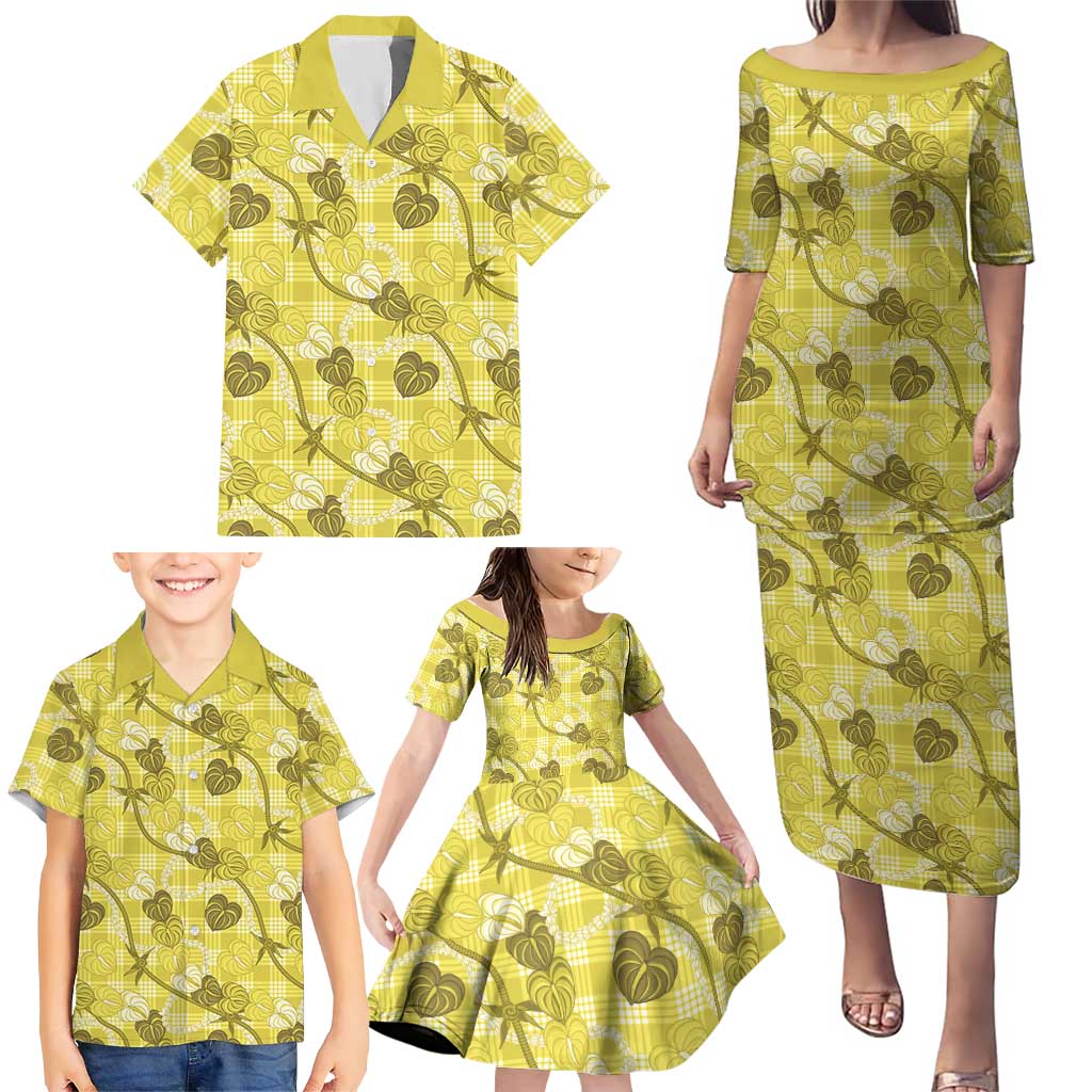Anthurium Pikake Ti Leaf Palaka Family Matching Puletasi and Hawaiian Shirt Yellow Version LT01 - Polynesian Pride