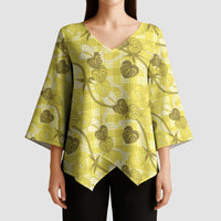 Anthurium Pikake Ti Leaf Palaka Kimono Sleeve Blouse Yellow Version LT01 - Polynesian Pride