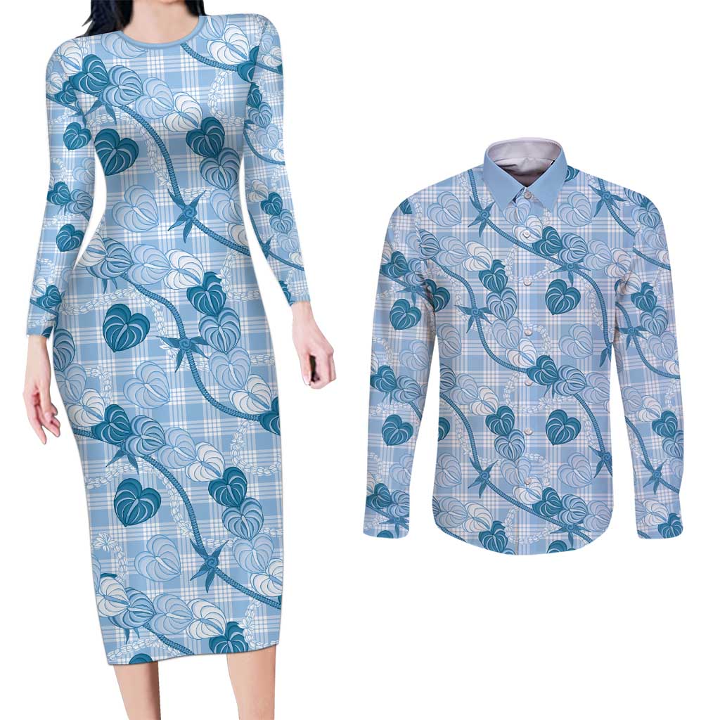 Anthurium Pikake Ti Leaf Palaka Couples Matching Long Sleeve Bodycon Dress and Long Sleeve Button Shirt Blue Version LT01 Blue - Polynesian Pride