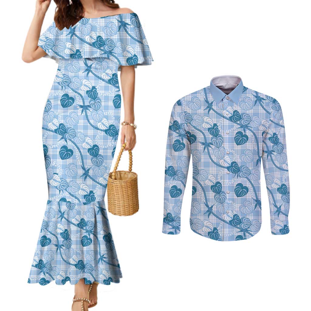 Anthurium Pikake Ti Leaf Palaka Couples Matching Mermaid Dress and Long Sleeve Button Shirt Blue Version LT01 Blue - Polynesian Pride