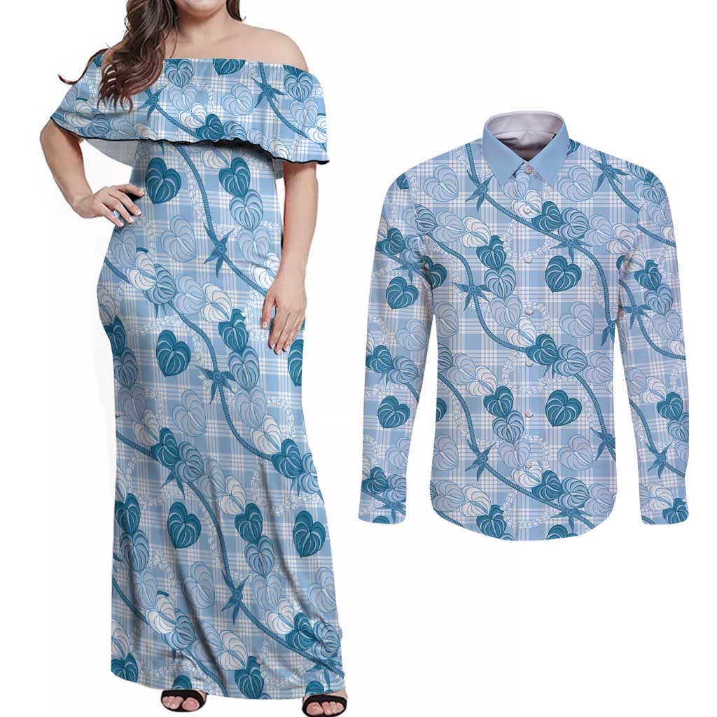Anthurium Pikake Ti Leaf Palaka Couples Matching Off Shoulder Maxi Dress and Long Sleeve Button Shirt Blue Version LT01 Blue - Polynesian Pride