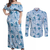 Anthurium Pikake Ti Leaf Palaka Couples Matching Off Shoulder Maxi Dress and Long Sleeve Button Shirt Blue Version LT01 Blue - Polynesian Pride