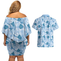 Anthurium Pikake Ti Leaf Palaka Couples Matching Off Shoulder Short Dress and Hawaiian Shirt Blue Version LT01 - Polynesian Pride