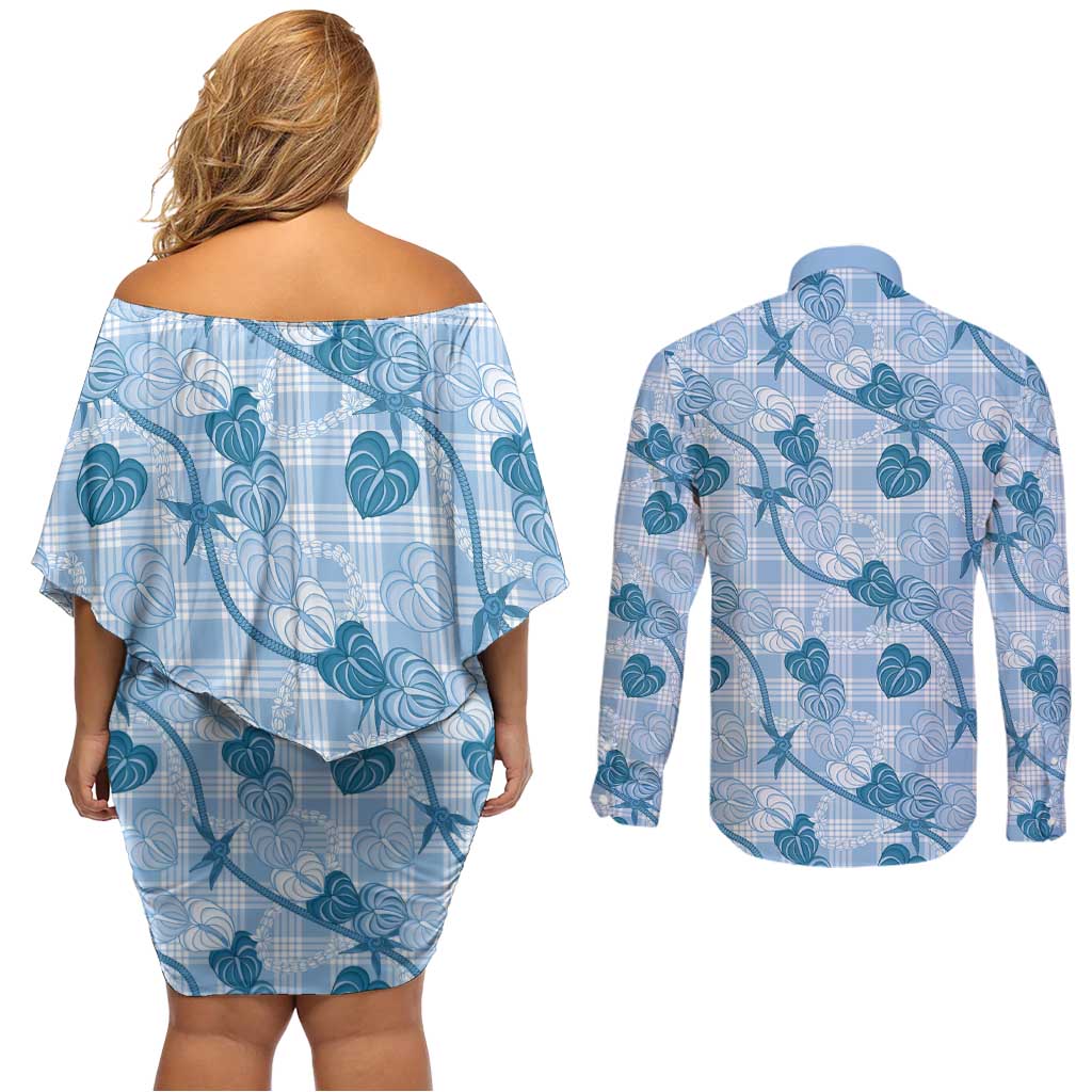 Anthurium Pikake Ti Leaf Palaka Couples Matching Off Shoulder Short Dress and Long Sleeve Button Shirt Blue Version LT01 - Polynesian Pride