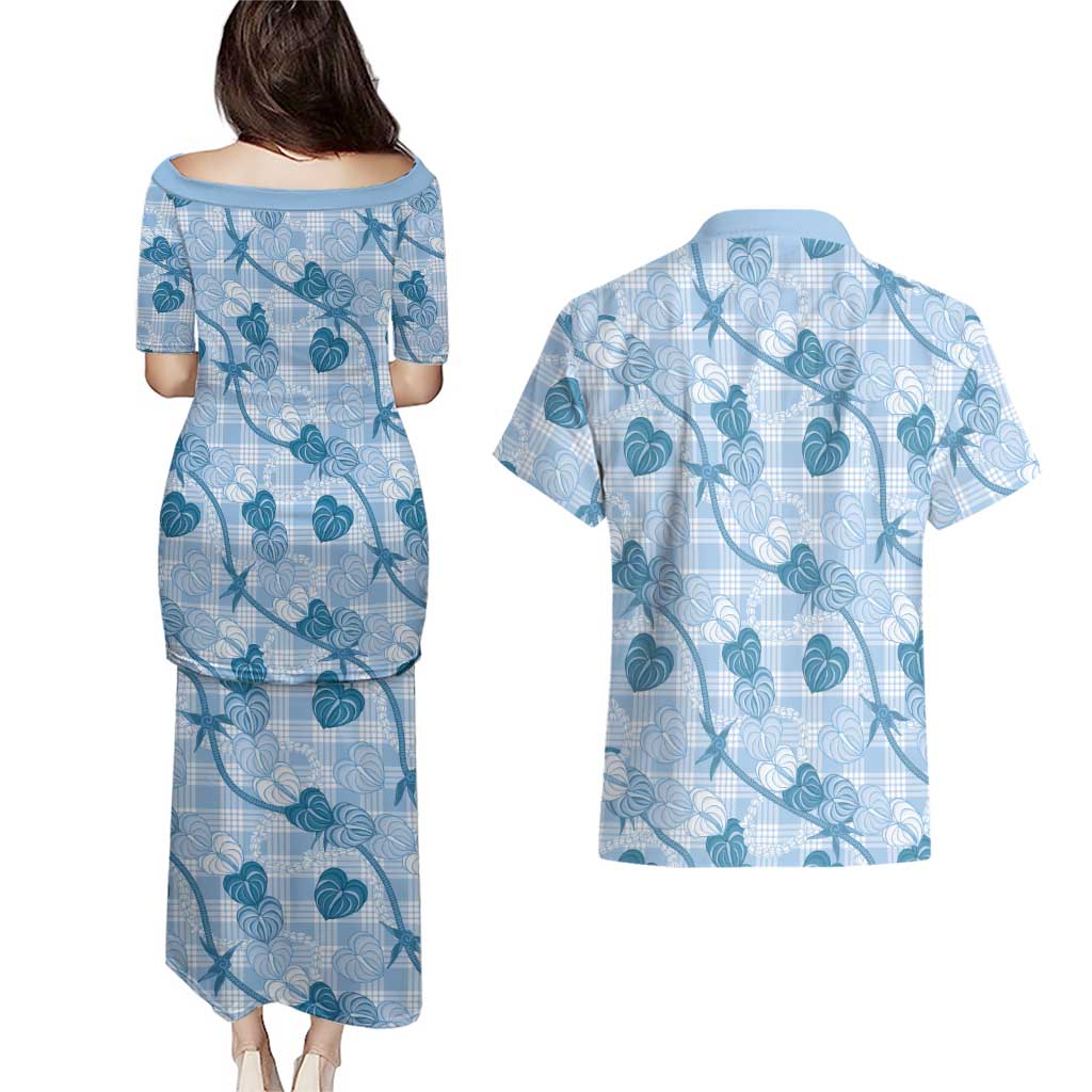 Anthurium Pikake Ti Leaf Palaka Couples Matching Puletasi and Hawaiian Shirt Blue Version