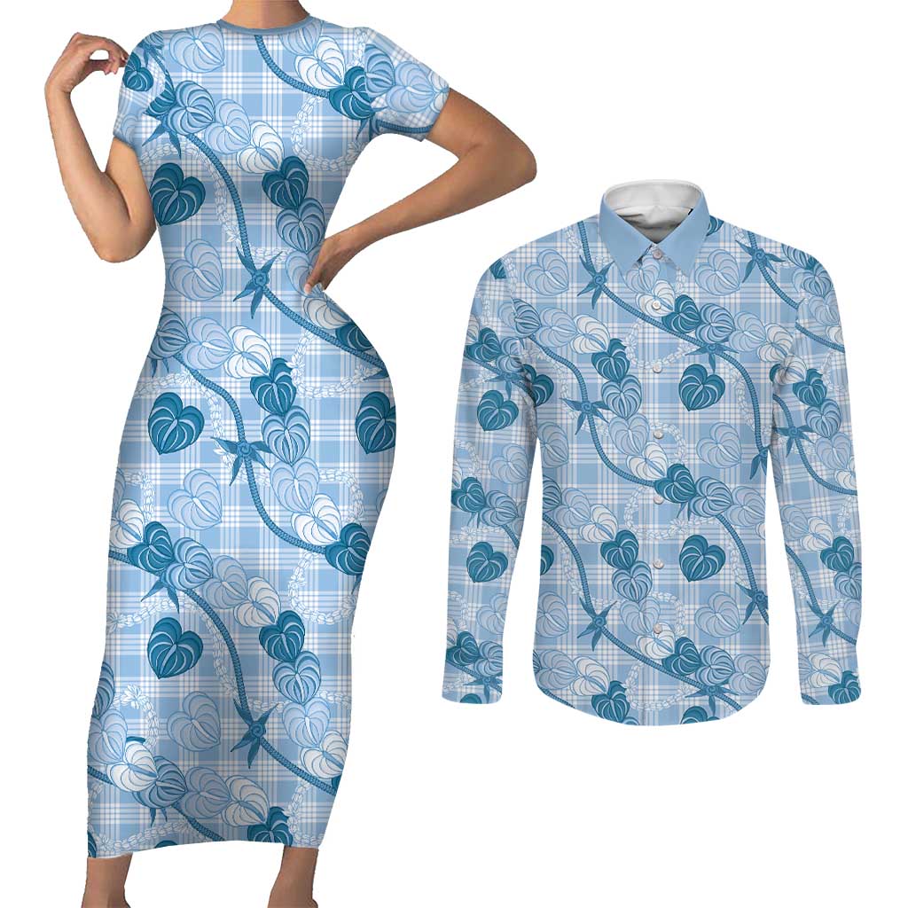 Anthurium Pikake Ti Leaf Palaka Couples Matching Short Sleeve Bodycon Dress and Long Sleeve Button Shirt Blue Version