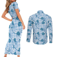 Anthurium Pikake Ti Leaf Palaka Couples Matching Short Sleeve Bodycon Dress and Long Sleeve Button Shirt Blue Version