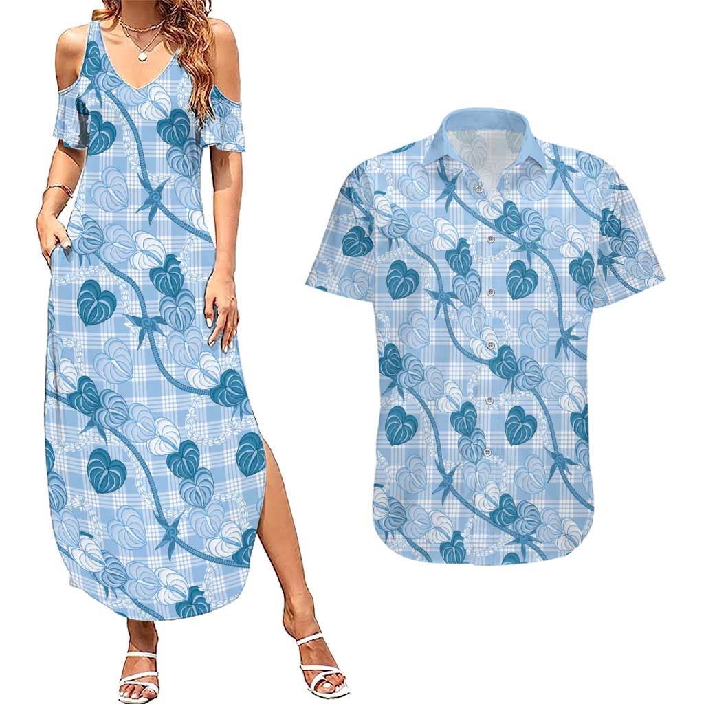 Anthurium Pikake Ti Leaf Palaka Couples Matching Summer Maxi Dress and Hawaiian Shirt Blue Version LT01 Blue - Polynesian Pride