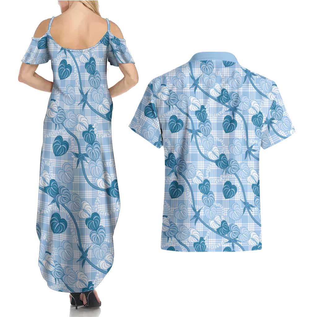 Anthurium Pikake Ti Leaf Palaka Couples Matching Summer Maxi Dress and Hawaiian Shirt Blue Version LT01 - Polynesian Pride