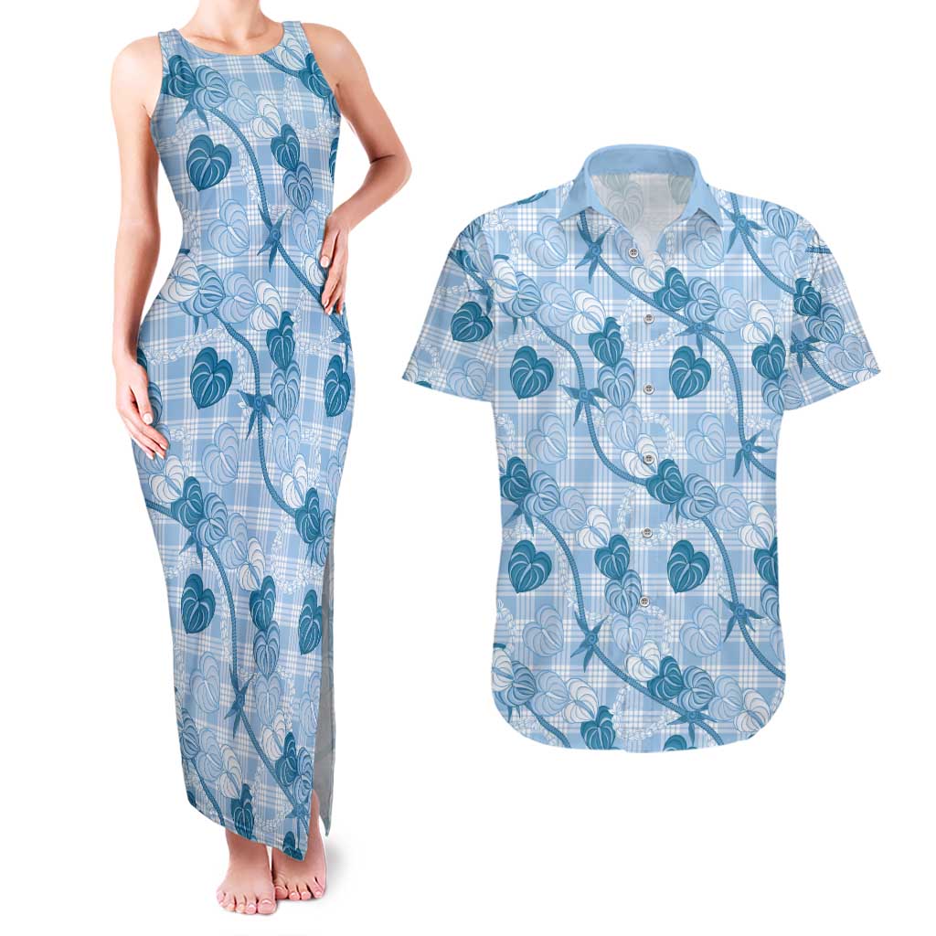 Anthurium Pikake Ti Leaf Palaka Couples Matching Tank Maxi Dress and Hawaiian Shirt Blue Version LT01 Blue - Polynesian Pride