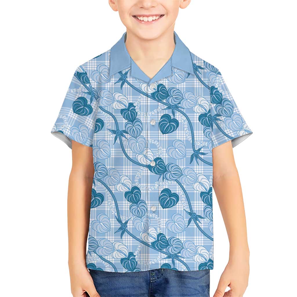 Anthurium Pikake Ti Leaf Palaka Family Matching Off The Shoulder Long Sleeve Dress and Hawaiian Shirt Blue Version LT01 Son's Shirt Blue - Polynesian Pride
